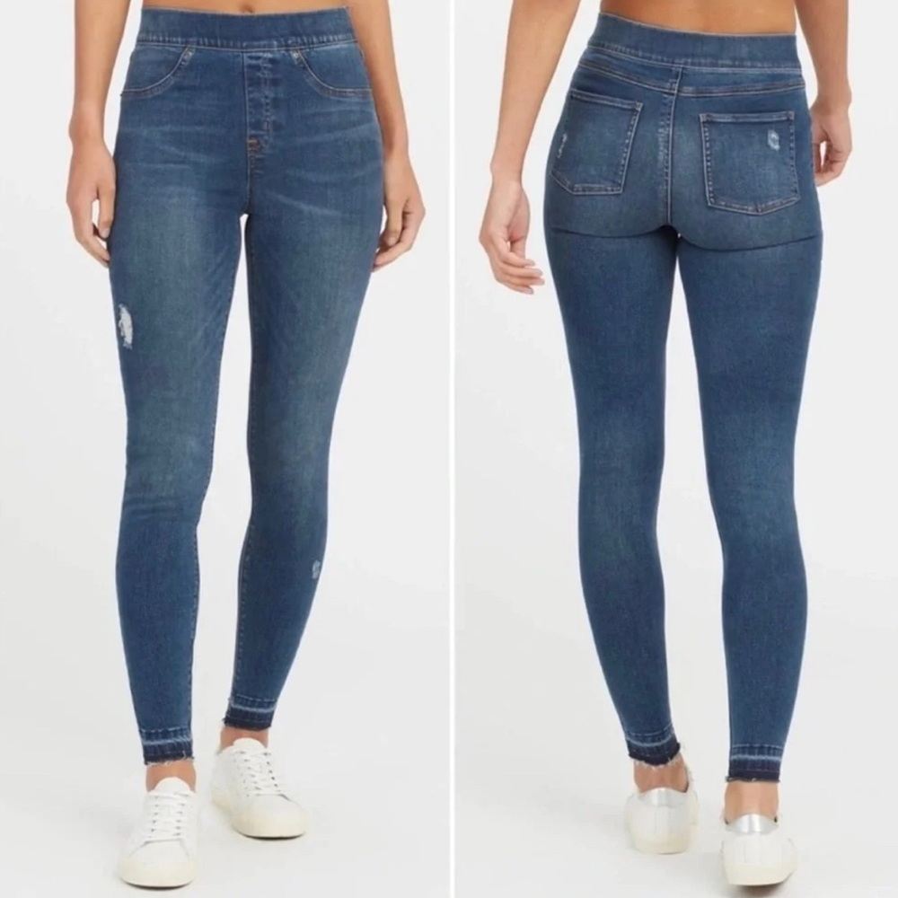 Spanx Blue Medium Wash Distressed Denim Legging Small New
